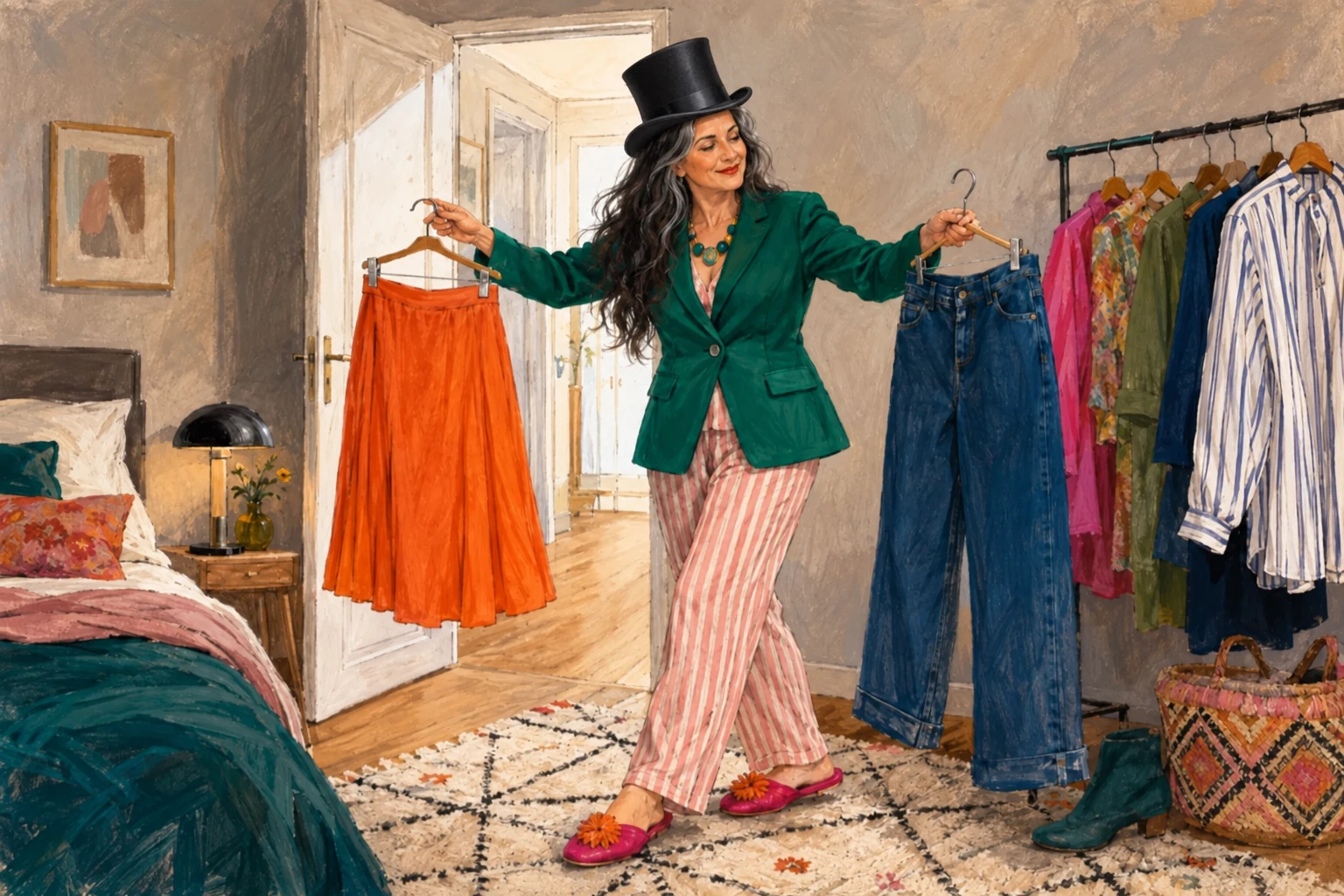 Une femme élégante portant un haut-de-forme noir et une veste verte compare une jupe orange et un jean dans sa chambre.