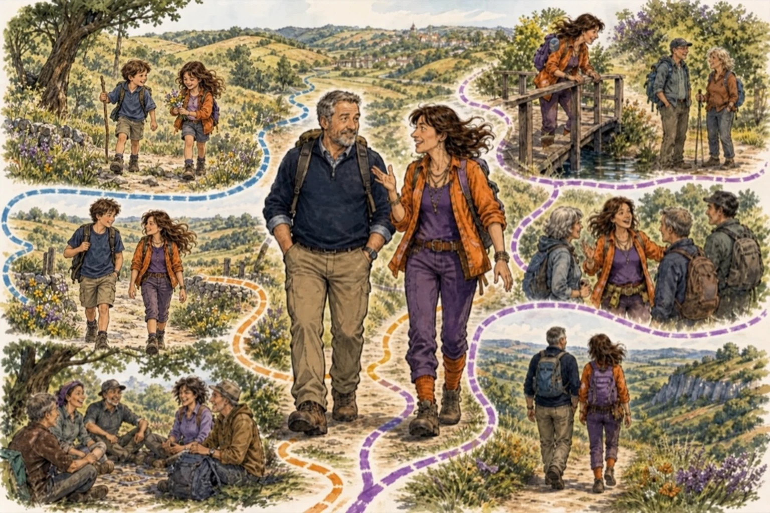 Laurent et Véronique marchent dans la nature, entourés de souvenirs ; deux bulles les montrent petits enfants puis jeunes adolescents.