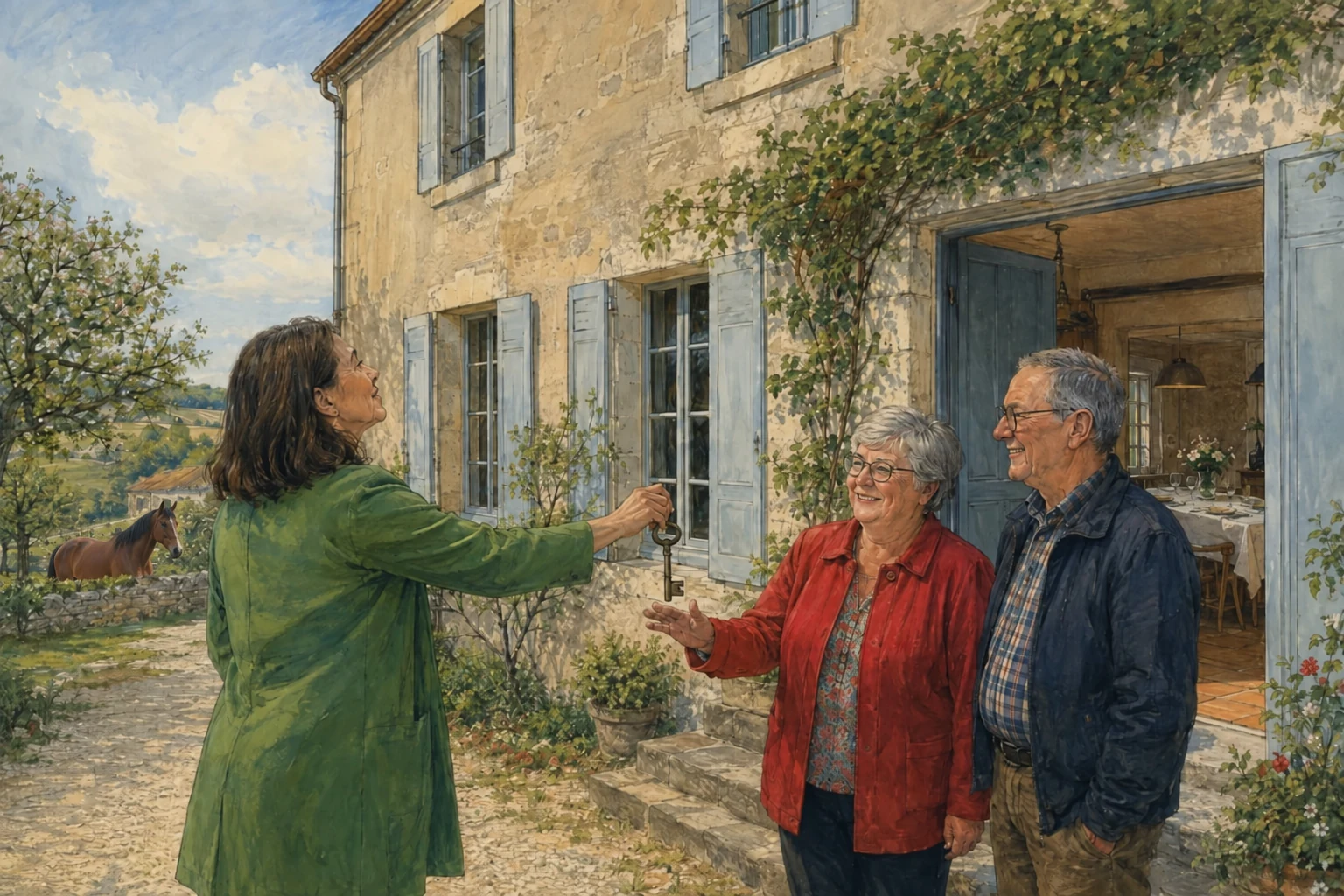 Une femme remet une clé à un couple devant une maison en pierre ; un cheval se tient derrière le muret à gauche.