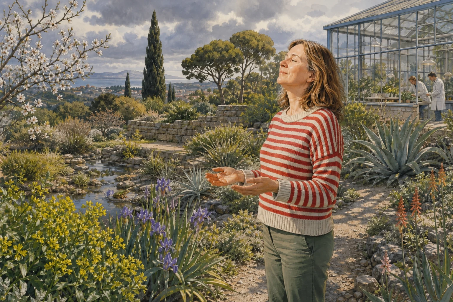 Une femme en pull rayé profite du jardin botanique ; une petite grenouille est posée sur une pierre au bord de l’eau, près des iris.