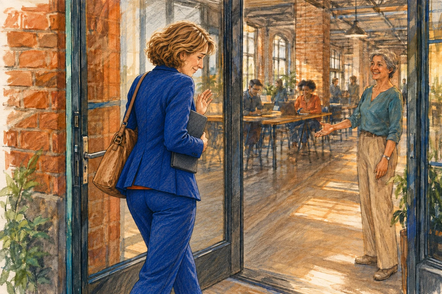 Une femme en tailleur bleu entre timidement dans un espace de travail, avec un sourire hésitant et un geste presque désolé, accueillie par une femme aux cheveux gris.