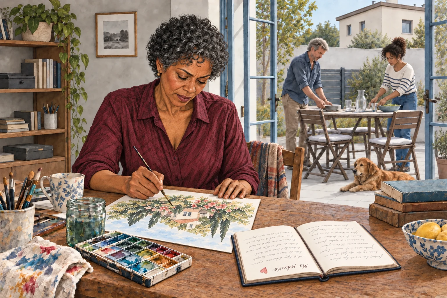 Une femme concentrée peint une aquarelle tournée vers elle, près de son livre « Ma réussite », tandis que deux proches préparent la table sur la terrasse.