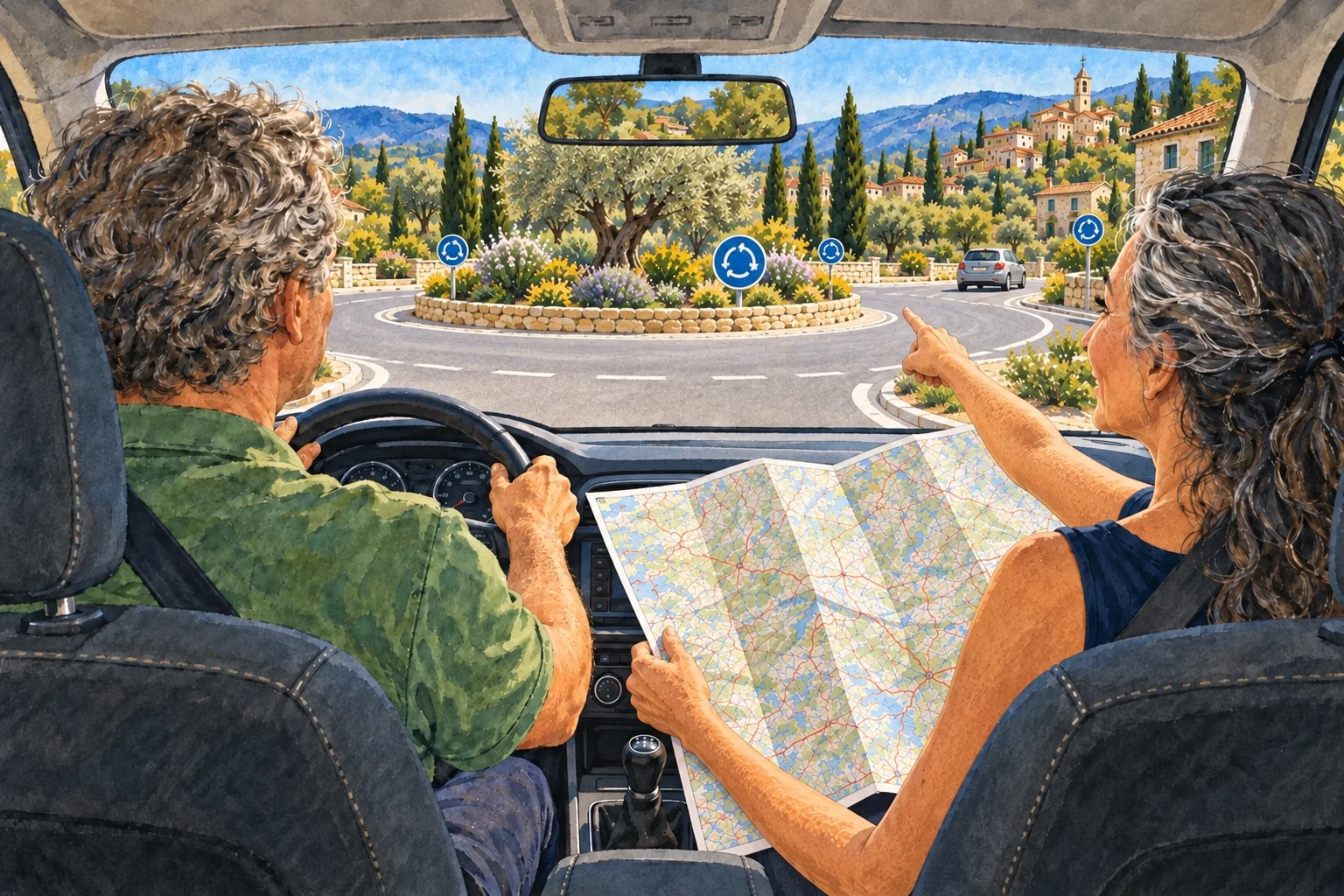 Un couple en voiture arrive à un rond-point ; la passagère tient une carte et indique une sortie.