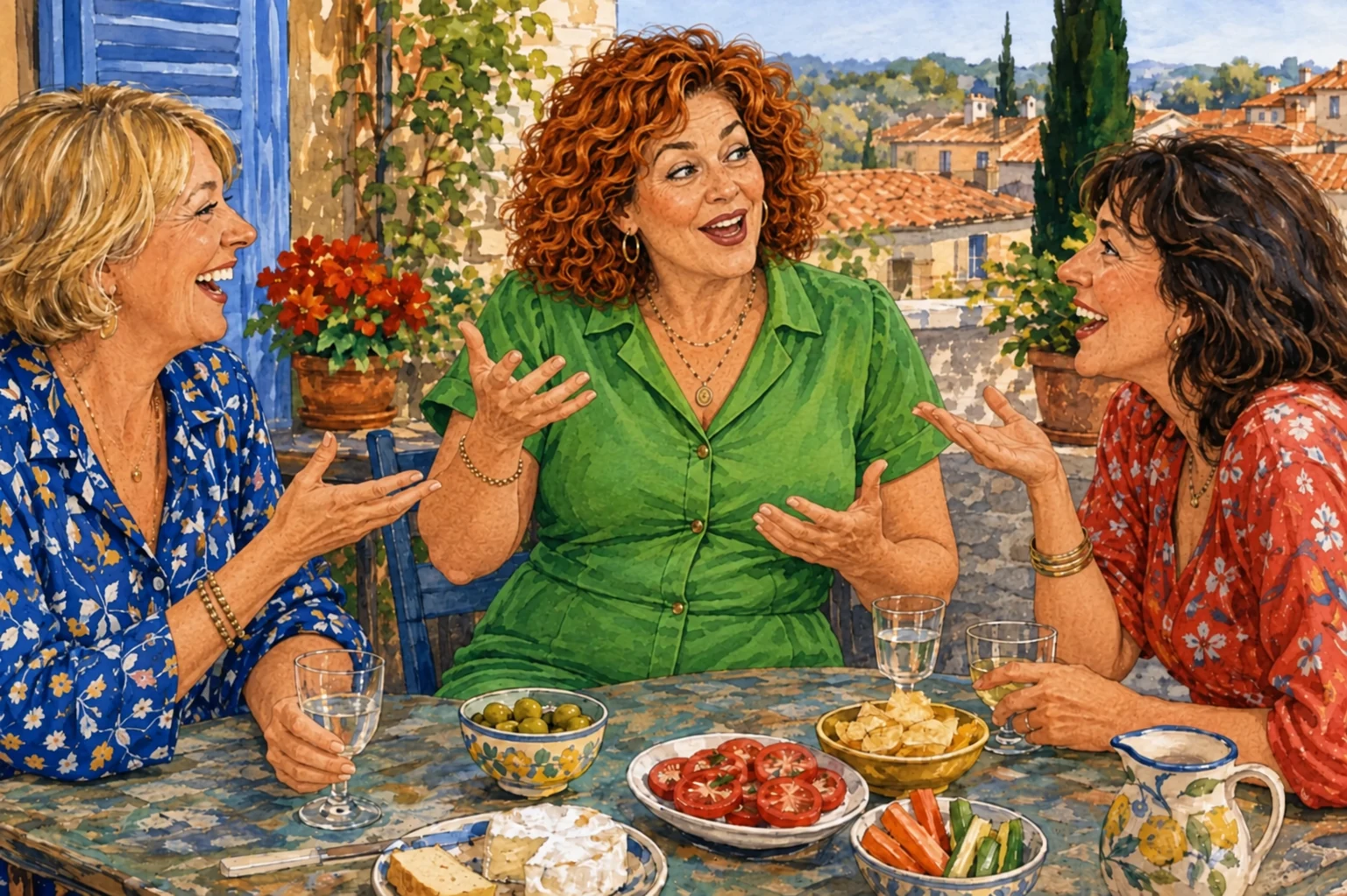 Trois amies échangent avec animation autour d’un apéritif sur une terrasse provençale.