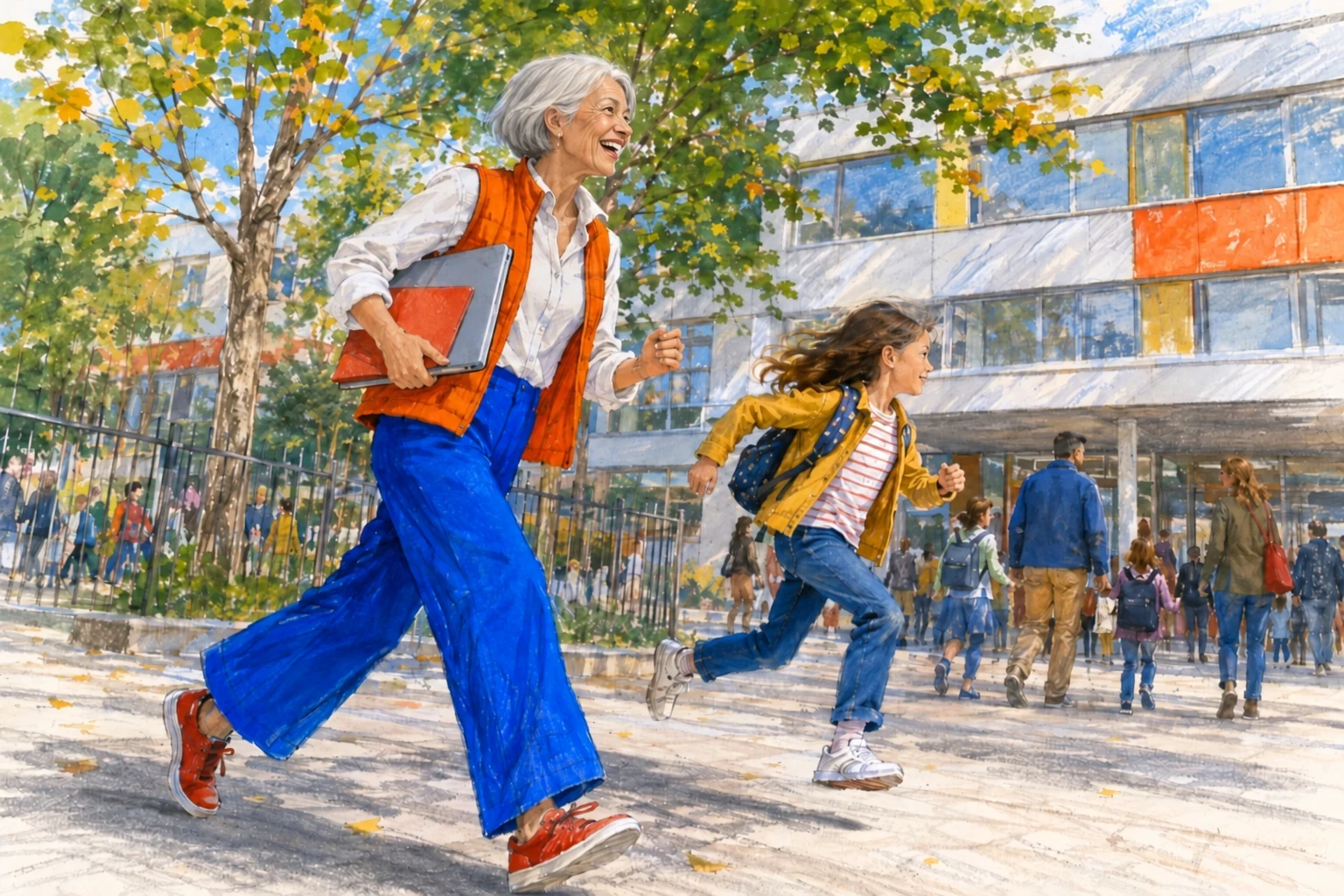 Une femme âgée aux cheveux argentés court joyeusement vers l’école avec une jeune fille.