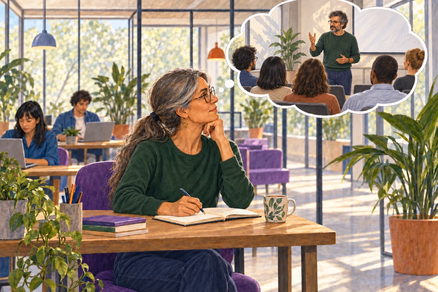 Une femme réfléchit à son bureau ; dans sa bulle de pensée, un homme vêtu comme elle prononce un discours devant des collègues.