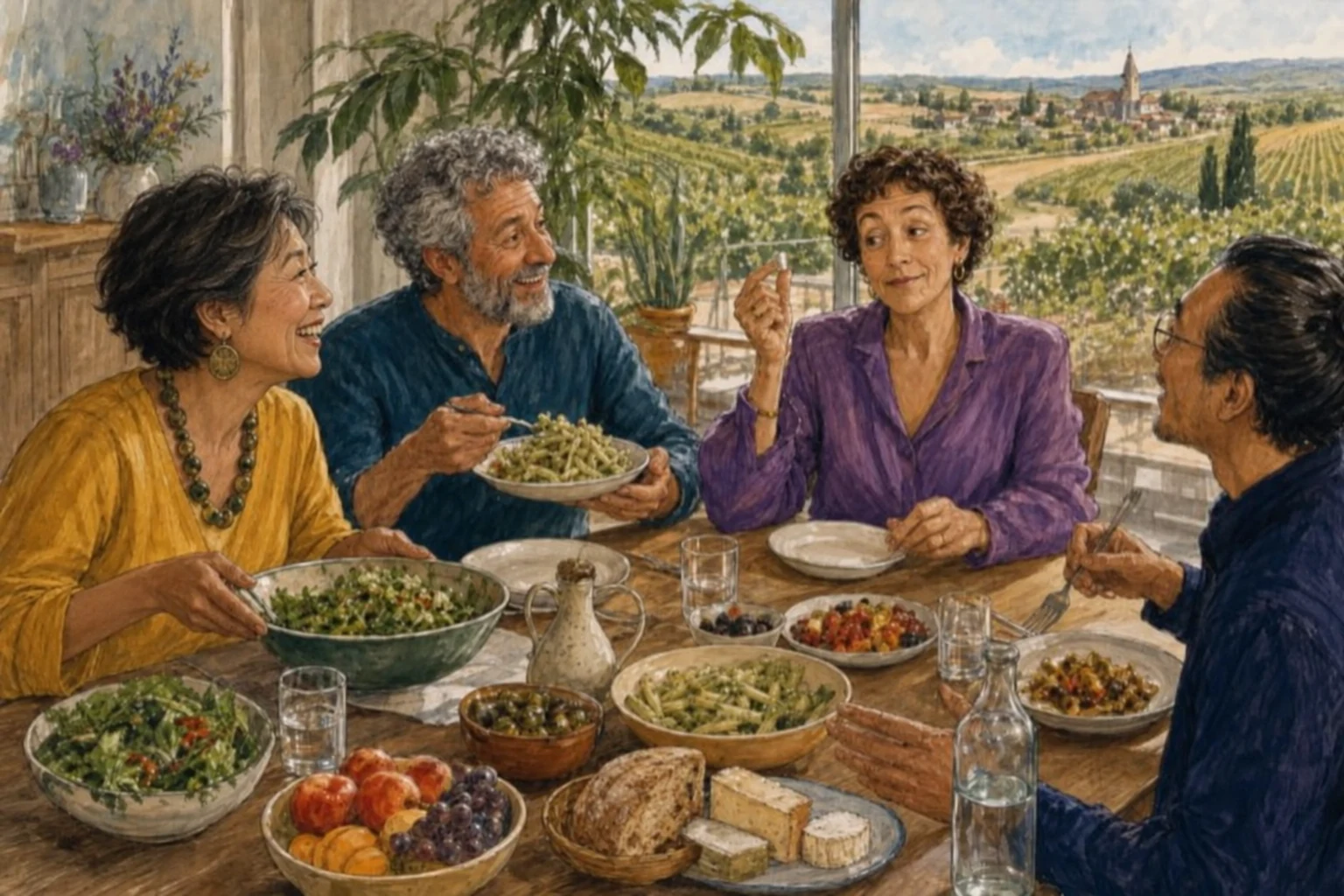 Une femme asiatique en blouse jaune partage un repas et une conversation animée avec trois amis.