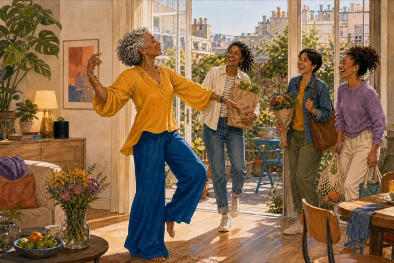 Une femme aux cheveux gris courts et bouclés danse joyeusement dans son salon à l’arrivée de trois amies.