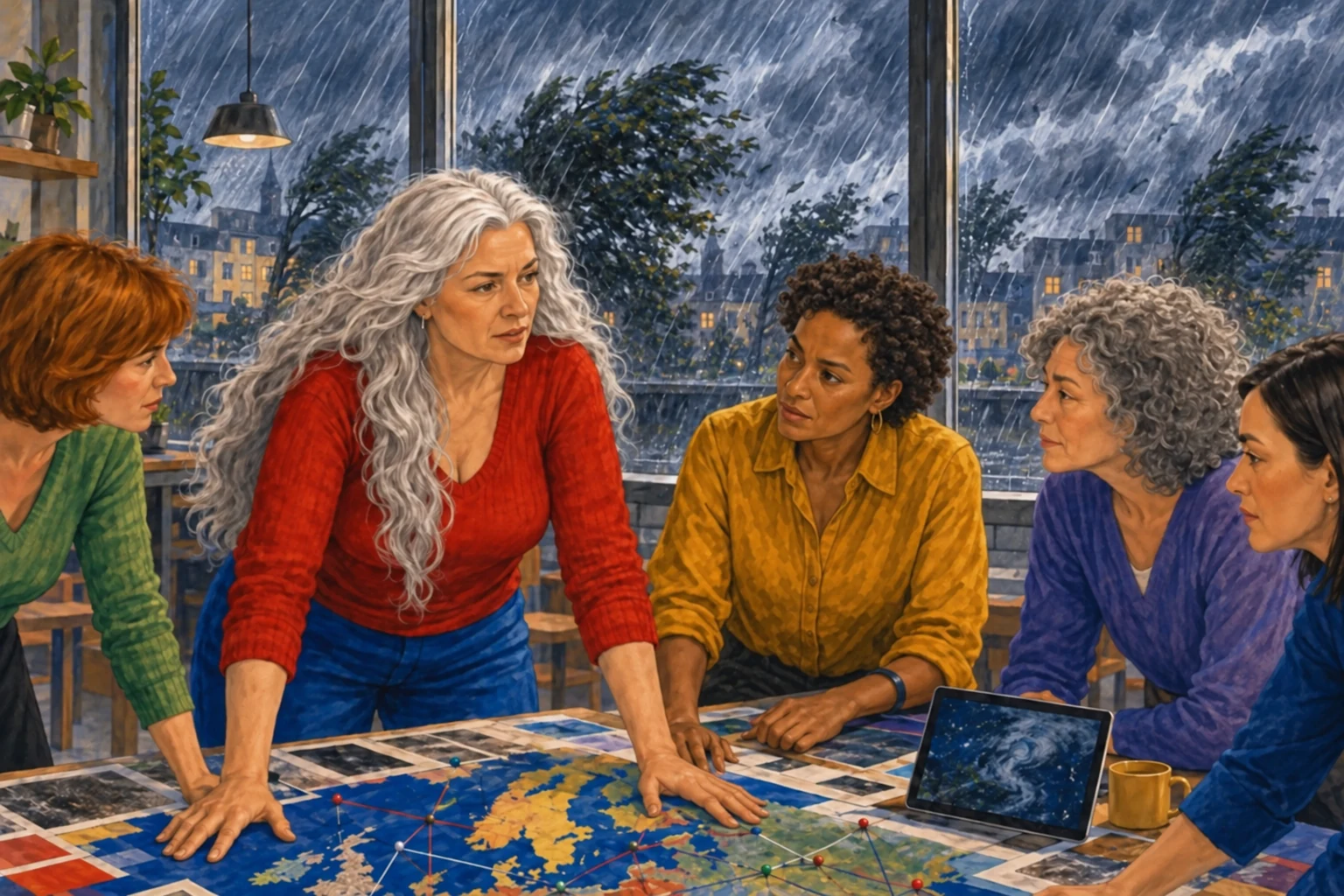 Cinq femmes se concertent autour d’une carte pendant une tempête ; la femme en chemise jaune porte une coupe courte bouclée sans tresses.