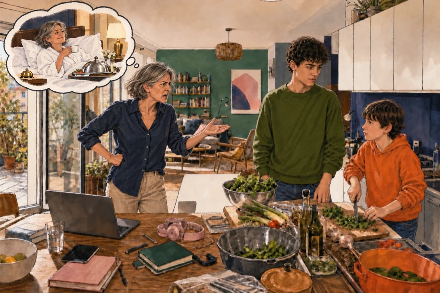 Dans une cuisine, une femme mécontente s’adresse avec un geste expressif à deux jeunes qui préparent le repas.