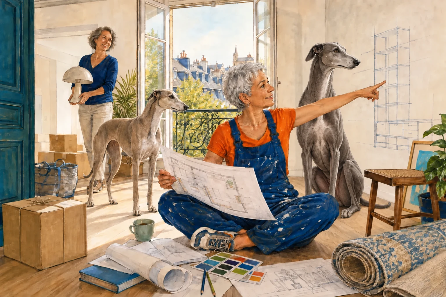 Dans un appartement en cours d’aménagement, une femme assise en salopette bleue montre le plan d’une étagère ; un grand lévrier gris est assis derrière son bras tendu, tandis qu’un lévrier fauve se tient à gauche.