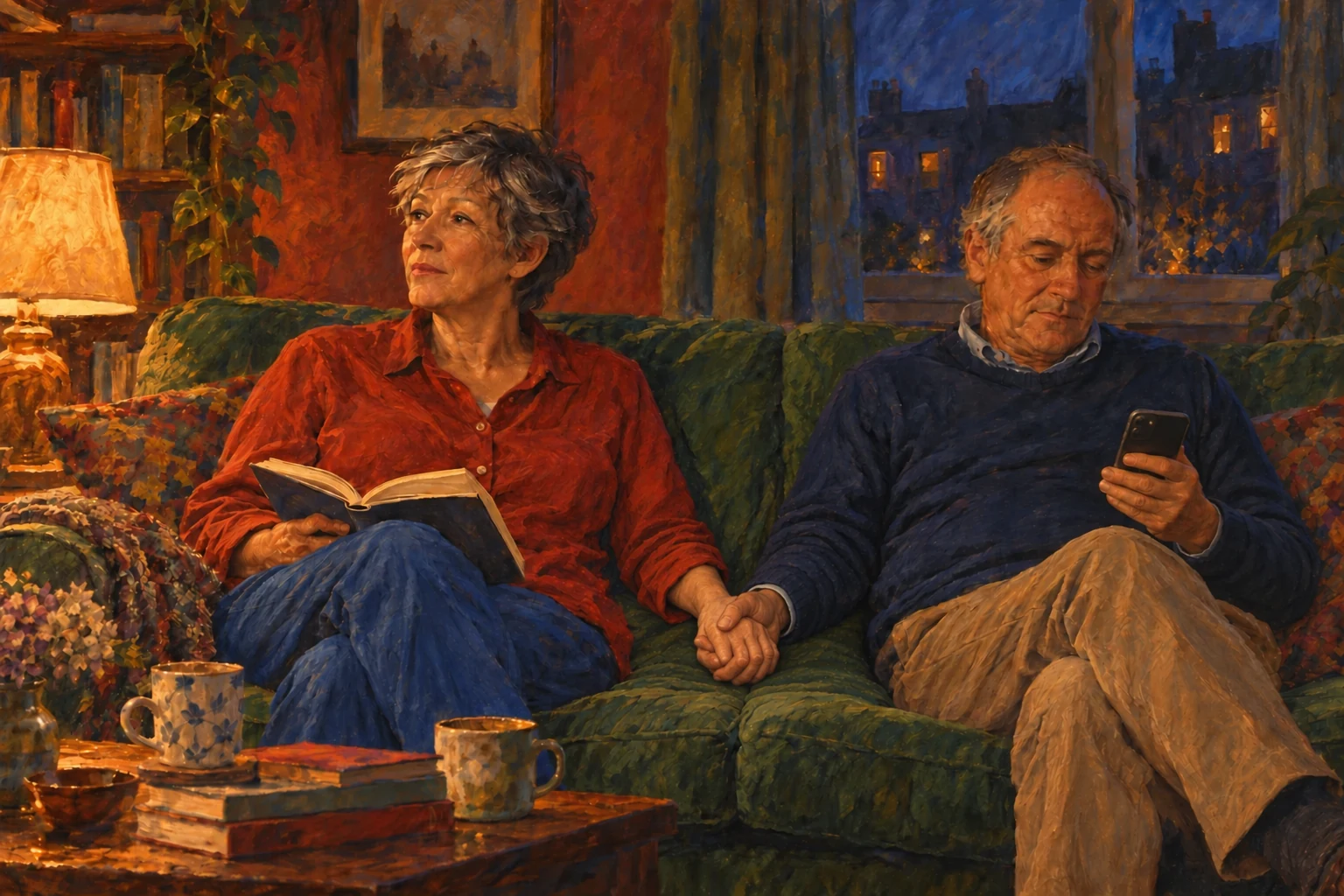 Un couple âgé assis sur un canapé vert se tient tendrement la main ; la main fine de la femme en chemise rouge repose dans celle de l’homme en pull bleu, tandis qu’elle tient un livre et qu’il regarde son téléphone.