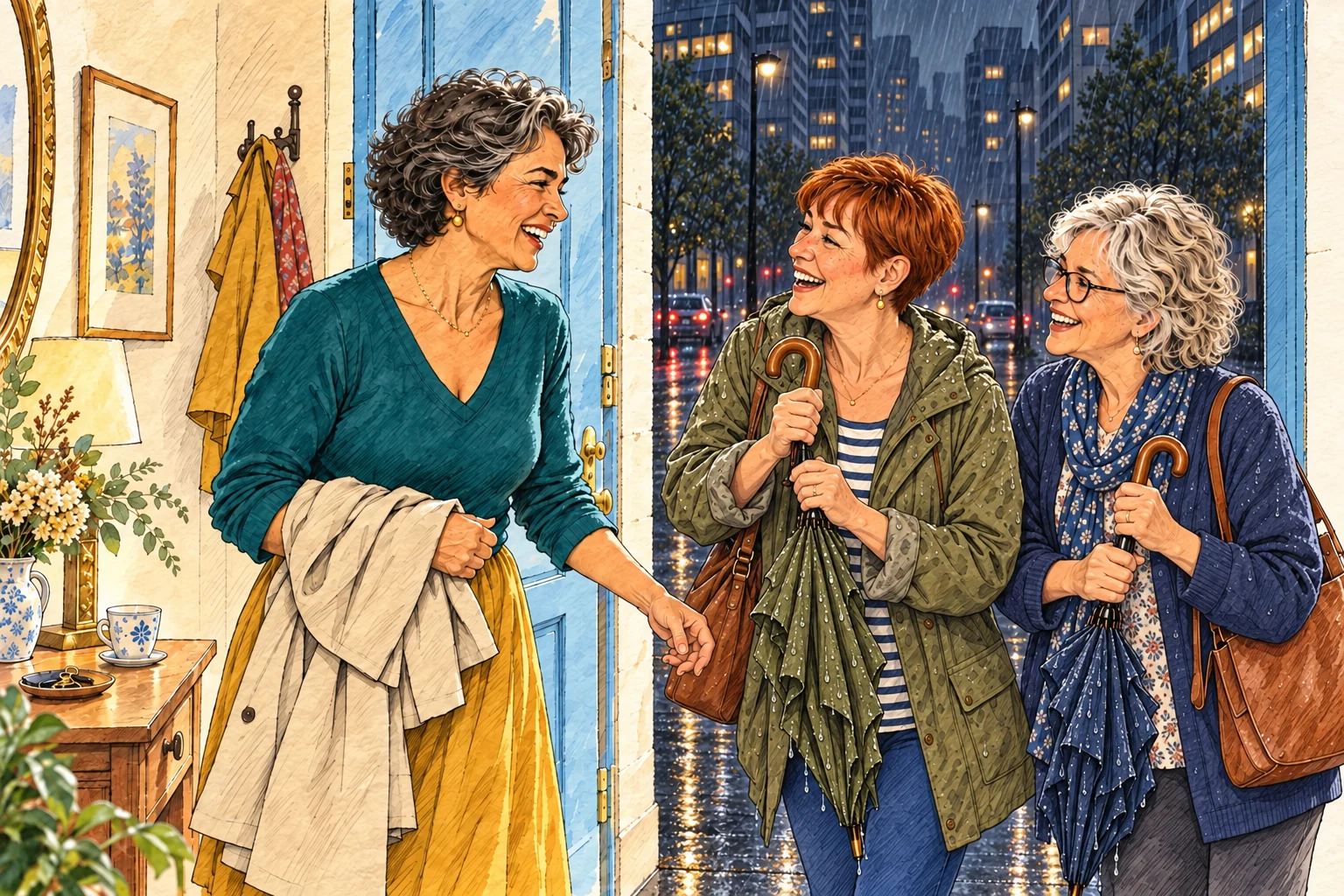 Dans une entrée lumineuse et chaleureuse, une femme accueille deux amies souriantes qui referment leurs parapluies vert et bleu ; la visiteuse rousse porte une coupe très courte et, derrière elles, la ville pluvieuse est plongée dans une soirée sombre.
