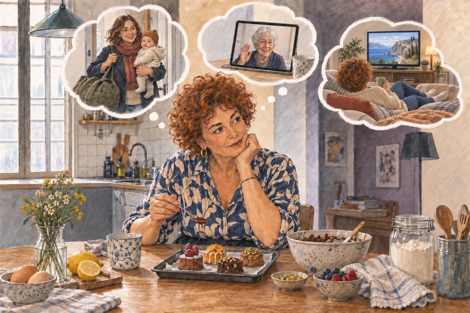 Une femme prépare des gâteaux et pense à une mère avec son bébé, à un appel familial et à un moment de détente devant la télévision.