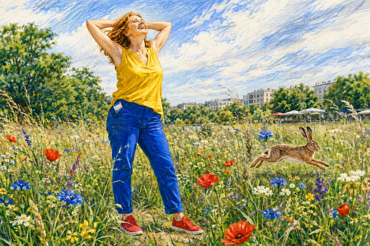 Une femme souriante s’étire, les mains réunies derrière la tête, dans une prairie fleurie où bondit un lièvre.