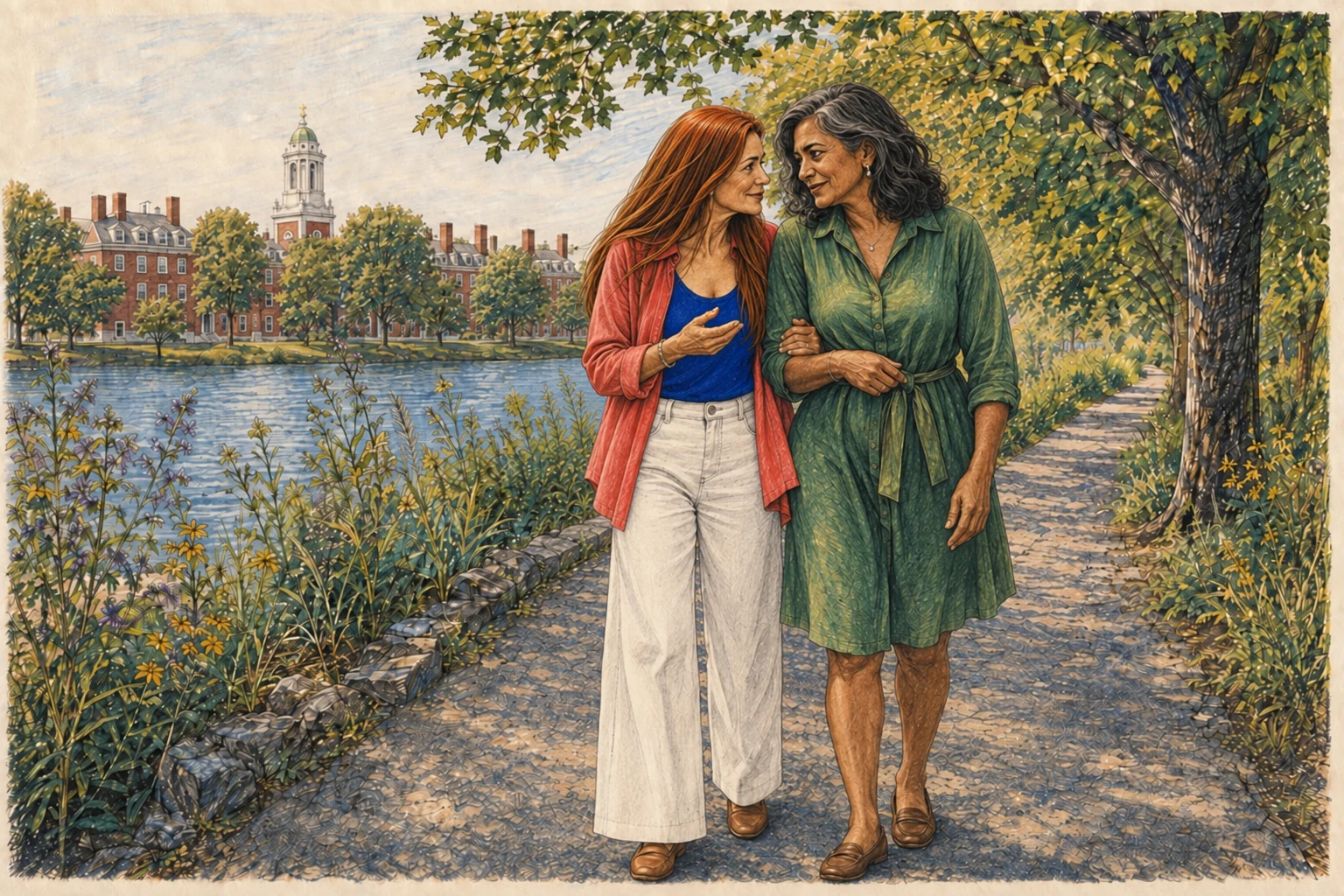 Deux femmes marchent bras dessus bras dessous au bord d’une rivière à Boston et échangent des confidences.