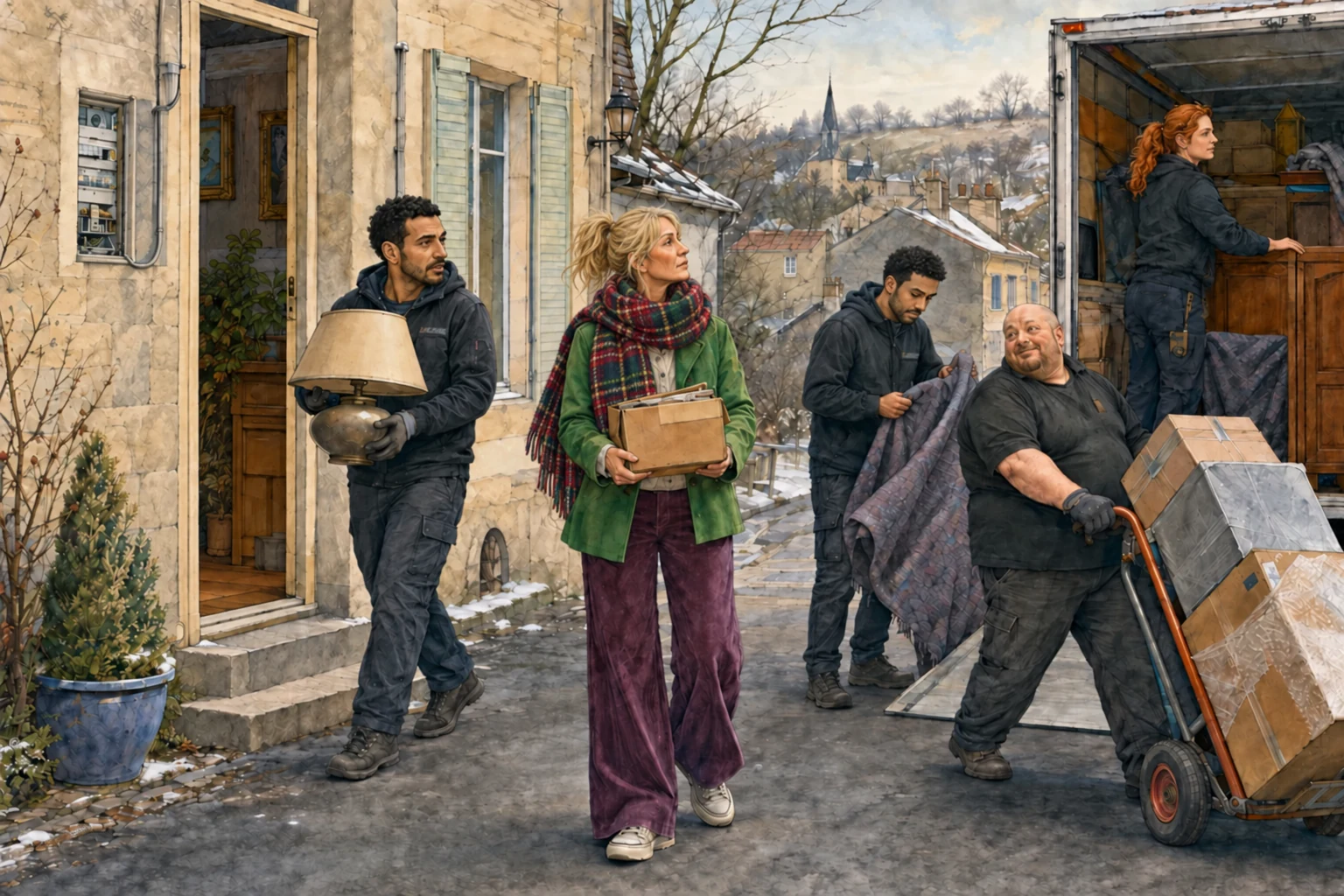 Une femme aux cheveux attachés, portant une grande écharpe écossaise, transporte un carton au milieu d’un déménagement.