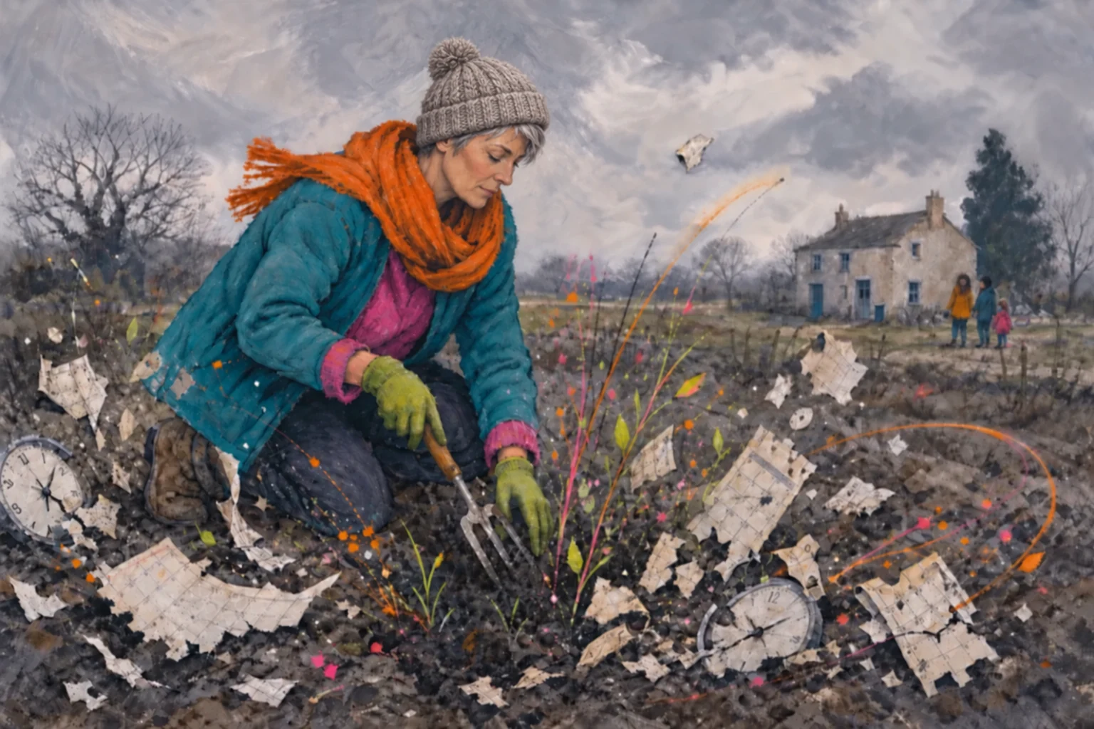 Une femme coiffée d’un bonnet gris-beige jardine dans un paysage hivernal parsemé de calendriers et d’horloges.