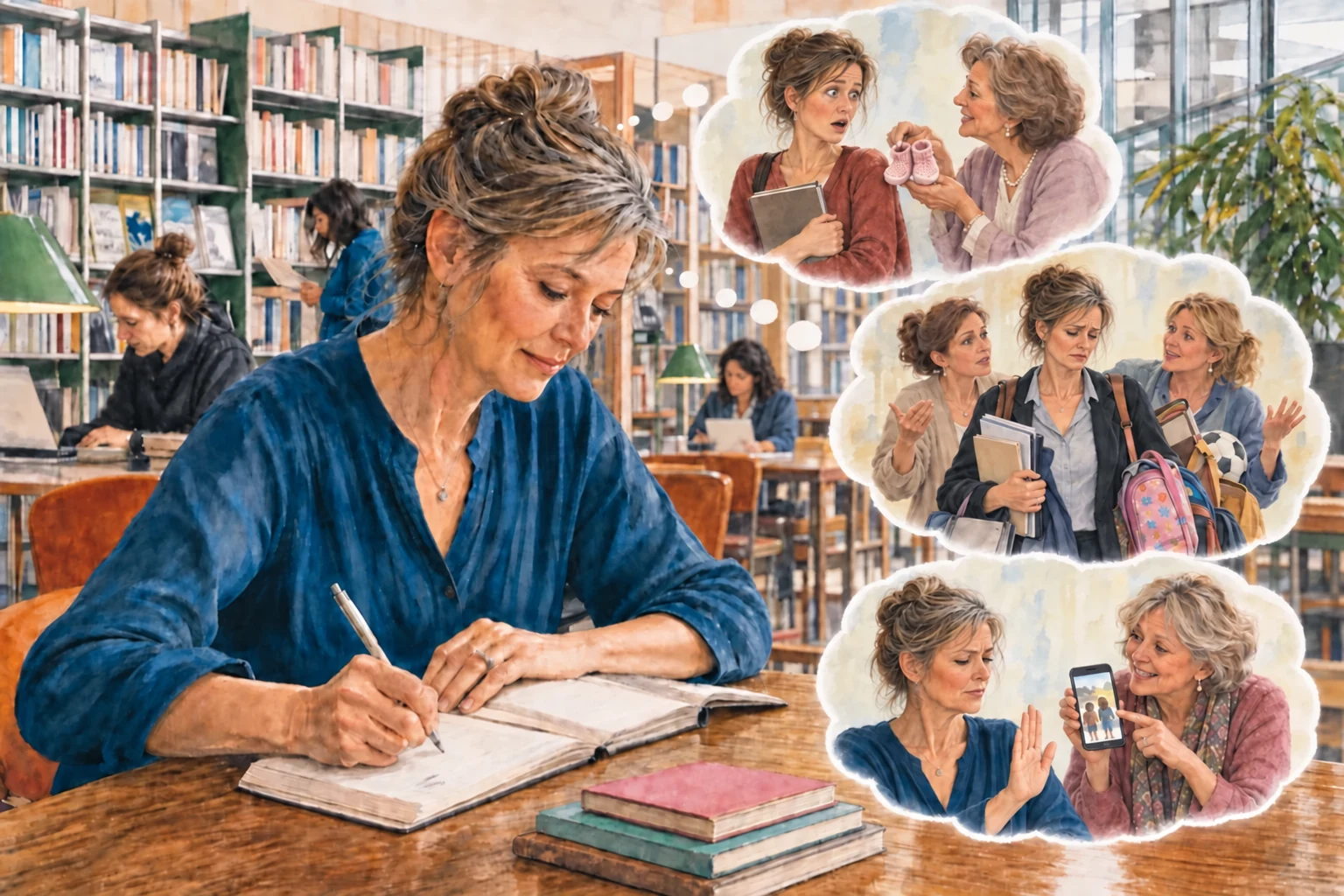 Une femme écrit dans une bibliothèque, entourée de souvenirs de pression sociale : surprise, tristesse et refus.